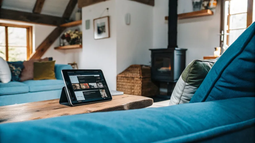 Cozy countryside cottage interior with tablet showing entertainment options