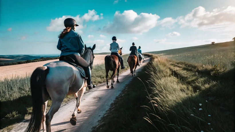 Group of riders on grassy trail through open countryside with distant hills