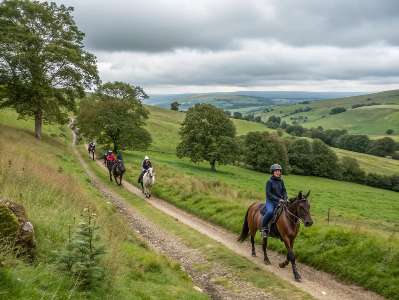 Trail riding guide leading group through Eden Valley bridleway