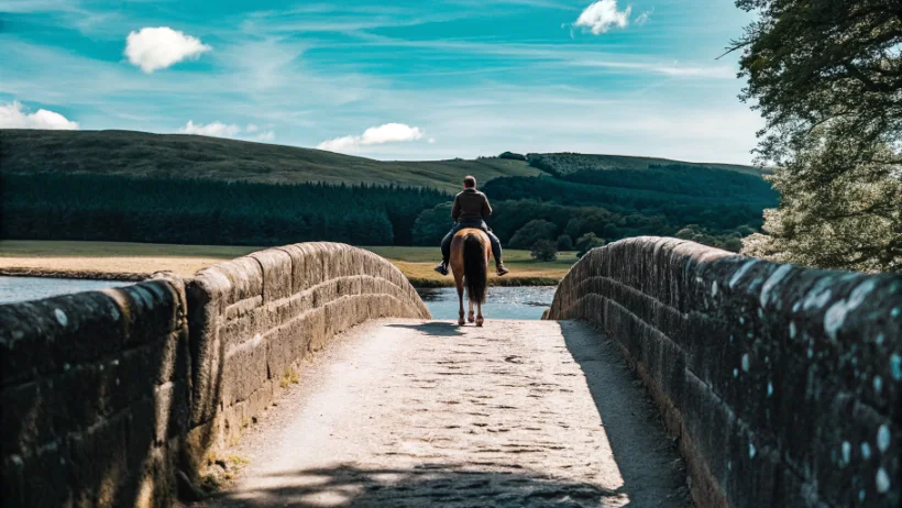 Traditional stone packhorse bridge on countryside bridleway with horse and rider crossing
