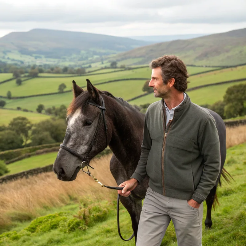 Jim Cohen equestrian writer with horse in Cumbrian countryside