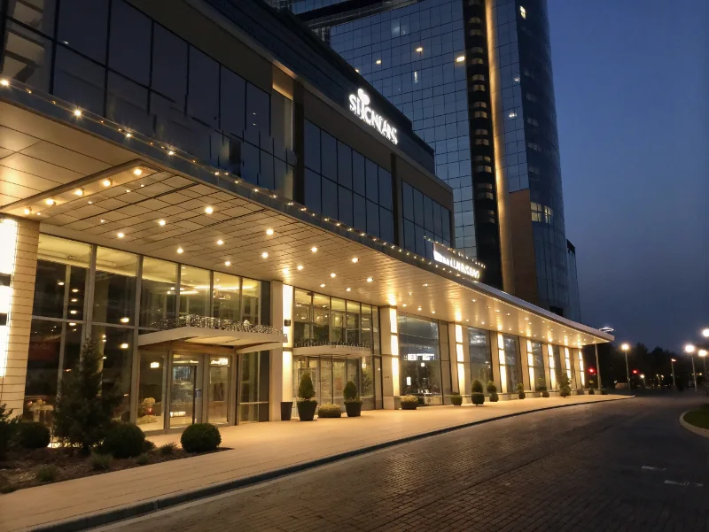 Modern casino hotel exterior with elegant lighting at evening