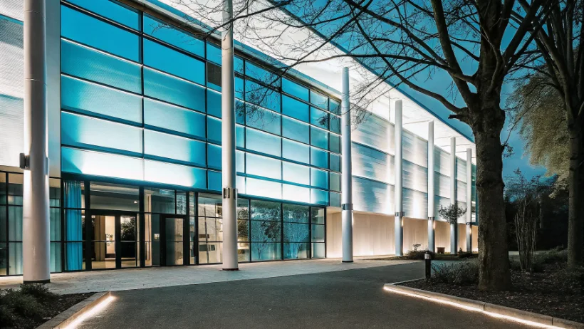Modern casino exterior in northern England with evening illumination