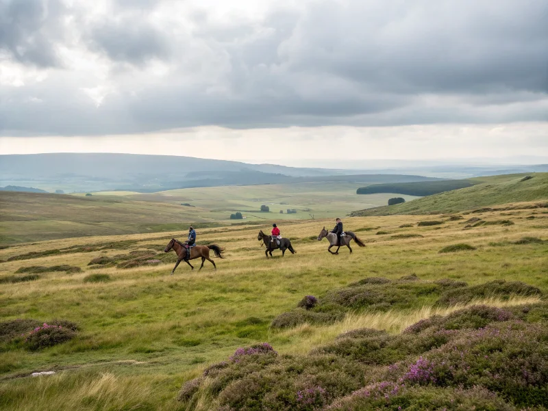 Group of riders cantering across open Cumbrian fell landscape