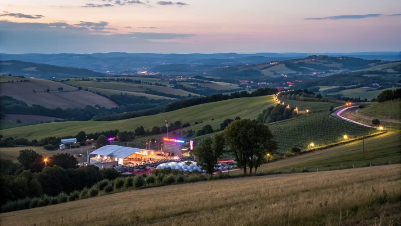 Scenic countryside view transitioning to evening entertainment venue lights