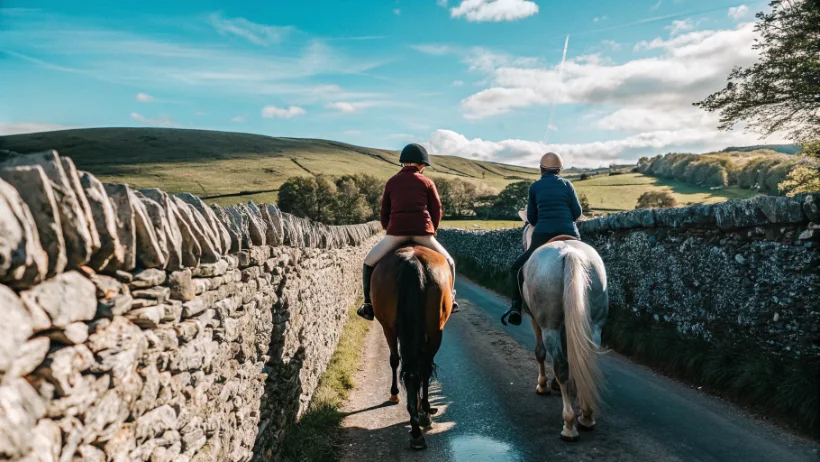 Riders on bridleway through Yorkshire Dales with limestone walls and green hills